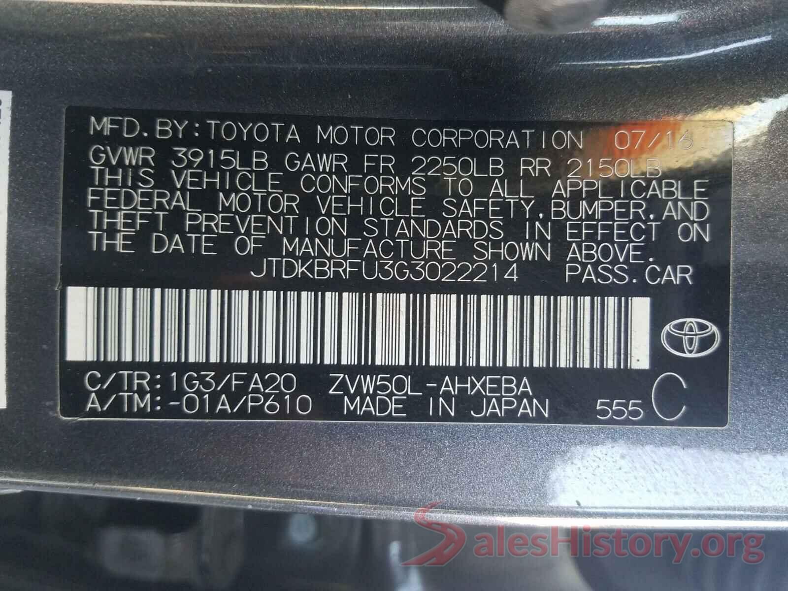 JTDKBRFU3G3022214 2016 TOYOTA PRIUS