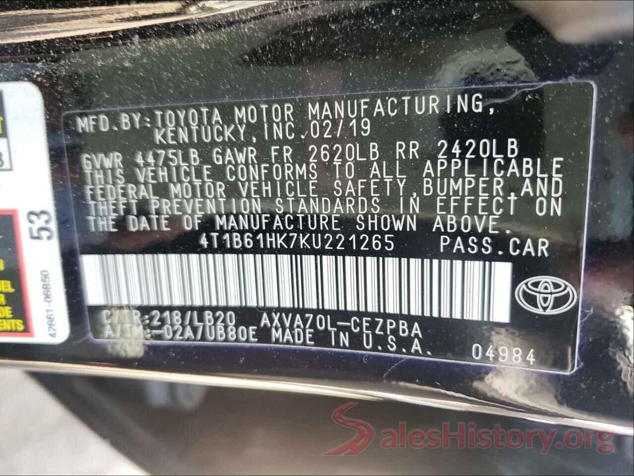 4T1B61HK7KU221265 2019 TOYOTA CAMRY