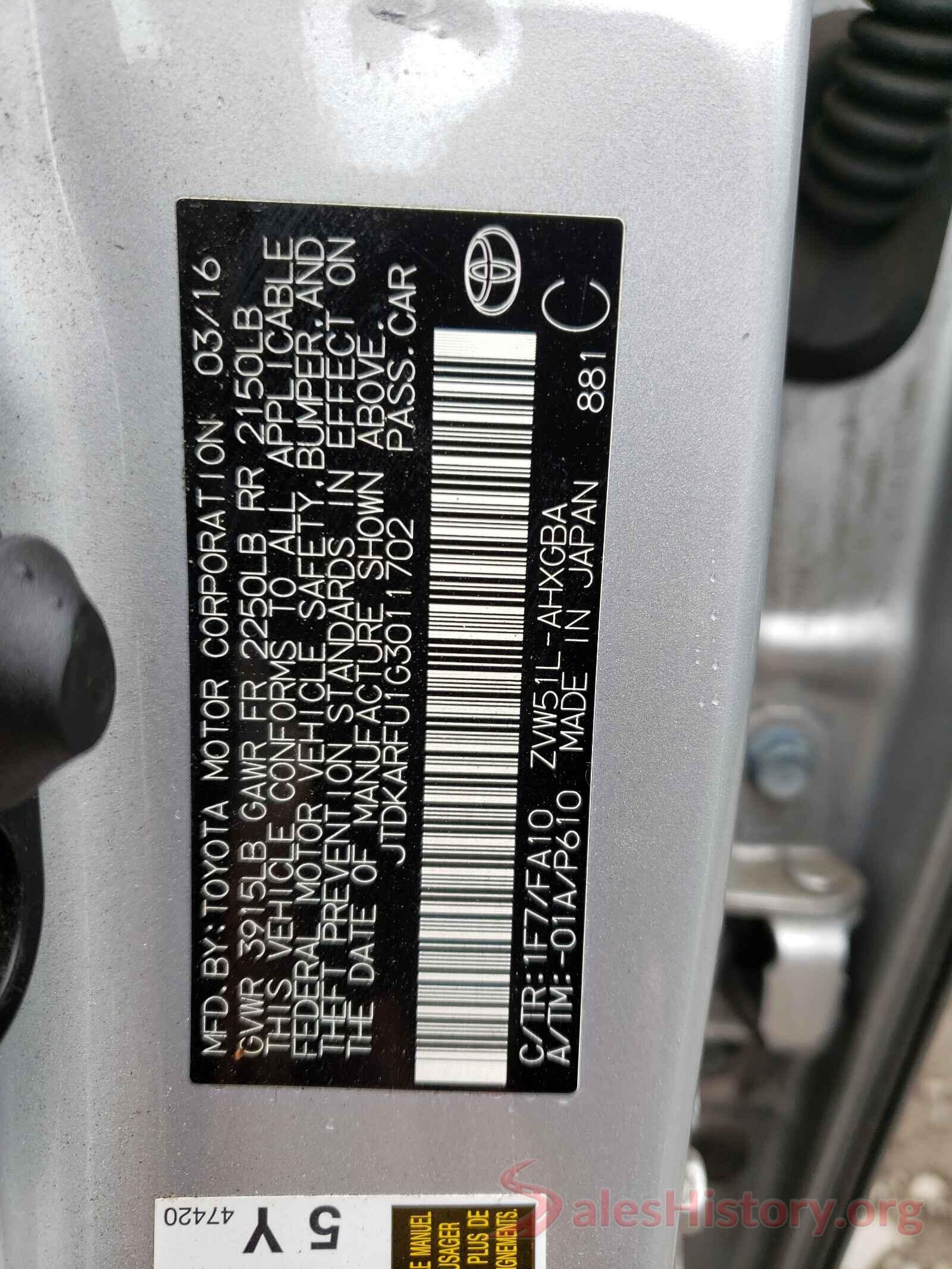 JTDKARFU1G3011702 2016 TOYOTA PRIUS