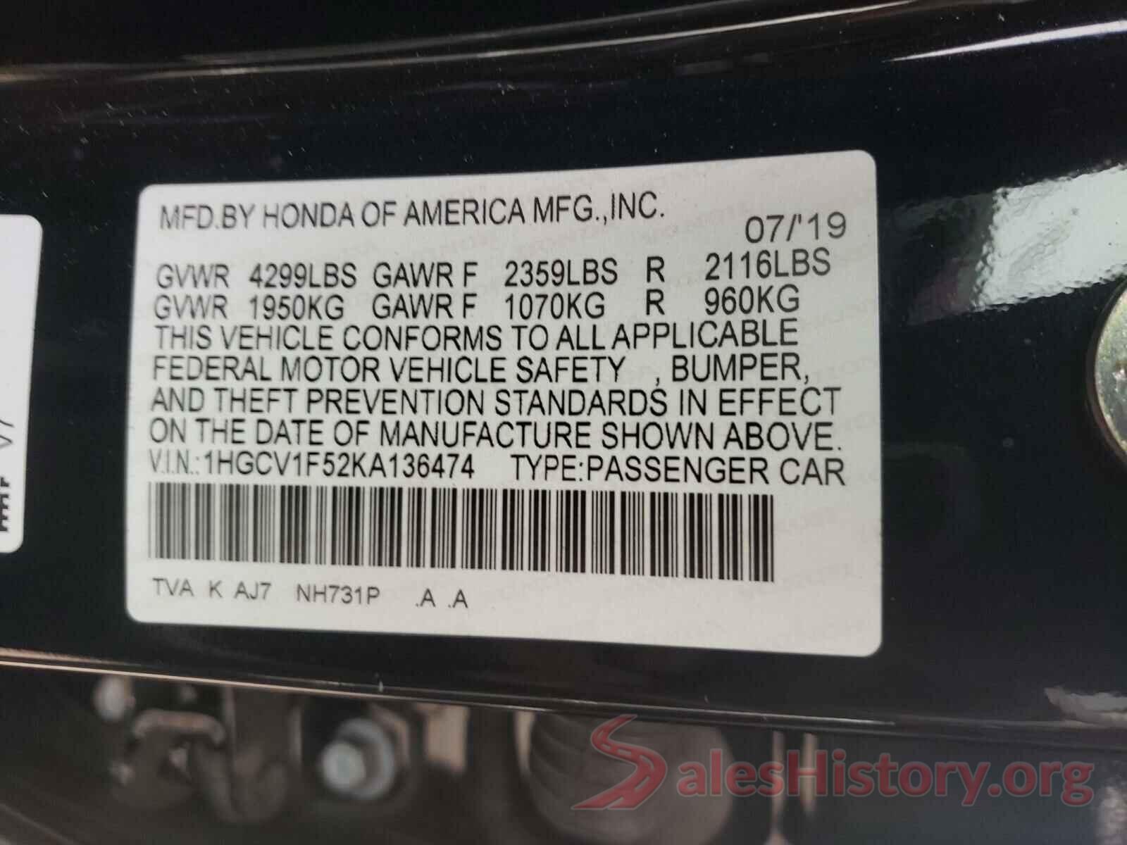 1HGCV1F52KA136474 2019 HONDA ACCORD