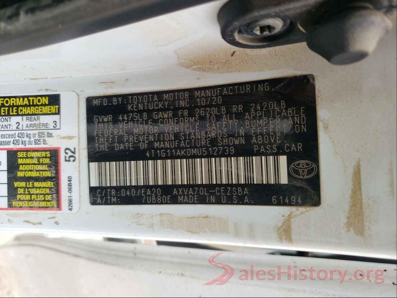 4T1G11AK0MU512739 2021 TOYOTA CAMRY