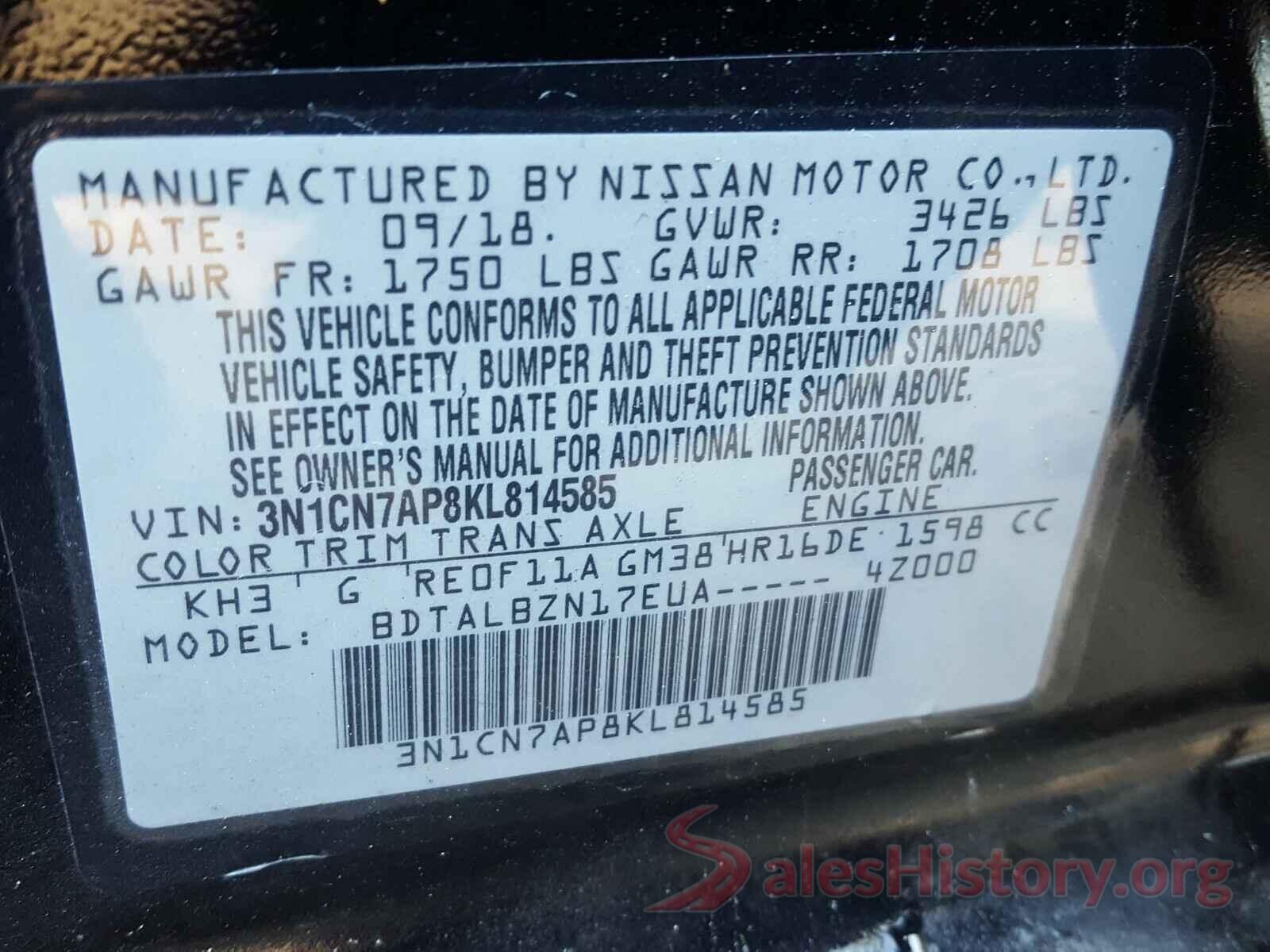 3N1CN7AP8KL814585 2019 NISSAN VERSA