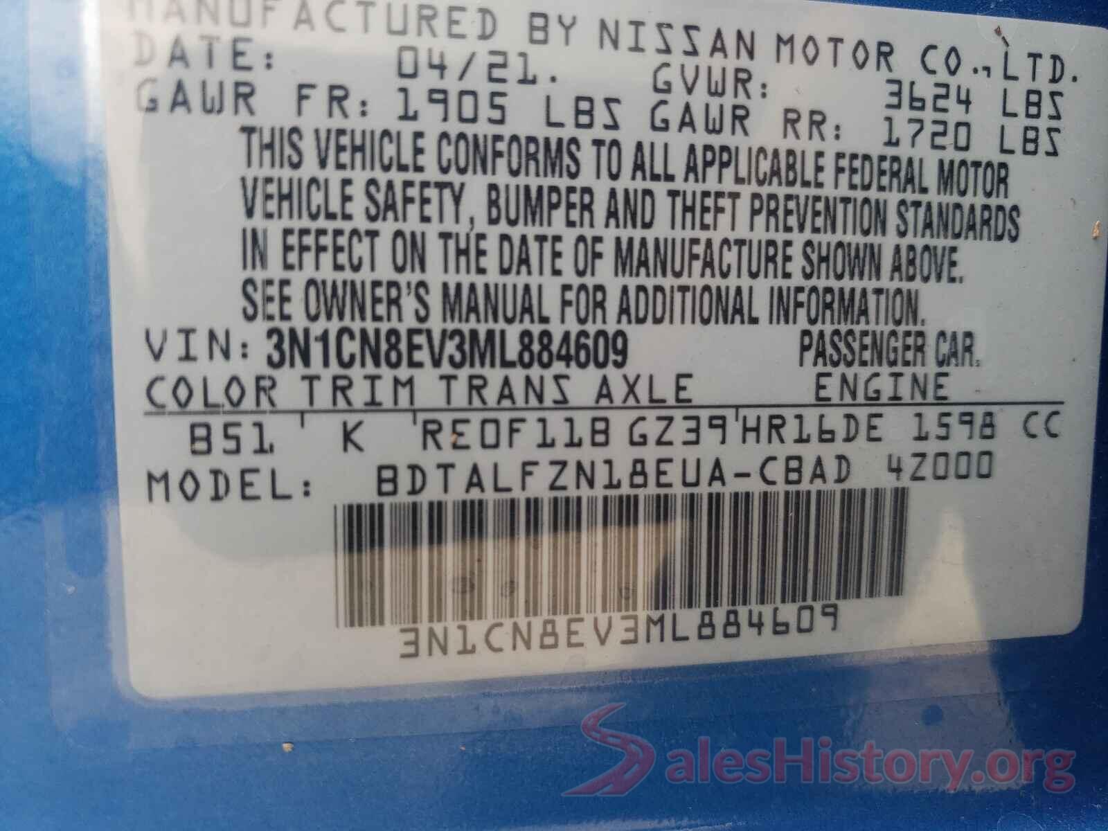 3N1CN8EV3ML884609 2021 NISSAN VERSA