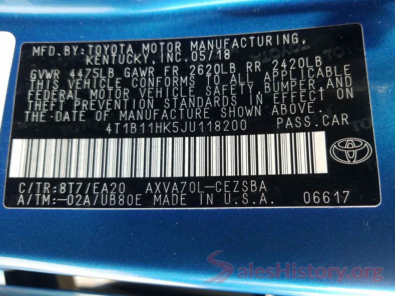 4T1B11HK5JU118200 2018 TOYOTA CAMRY