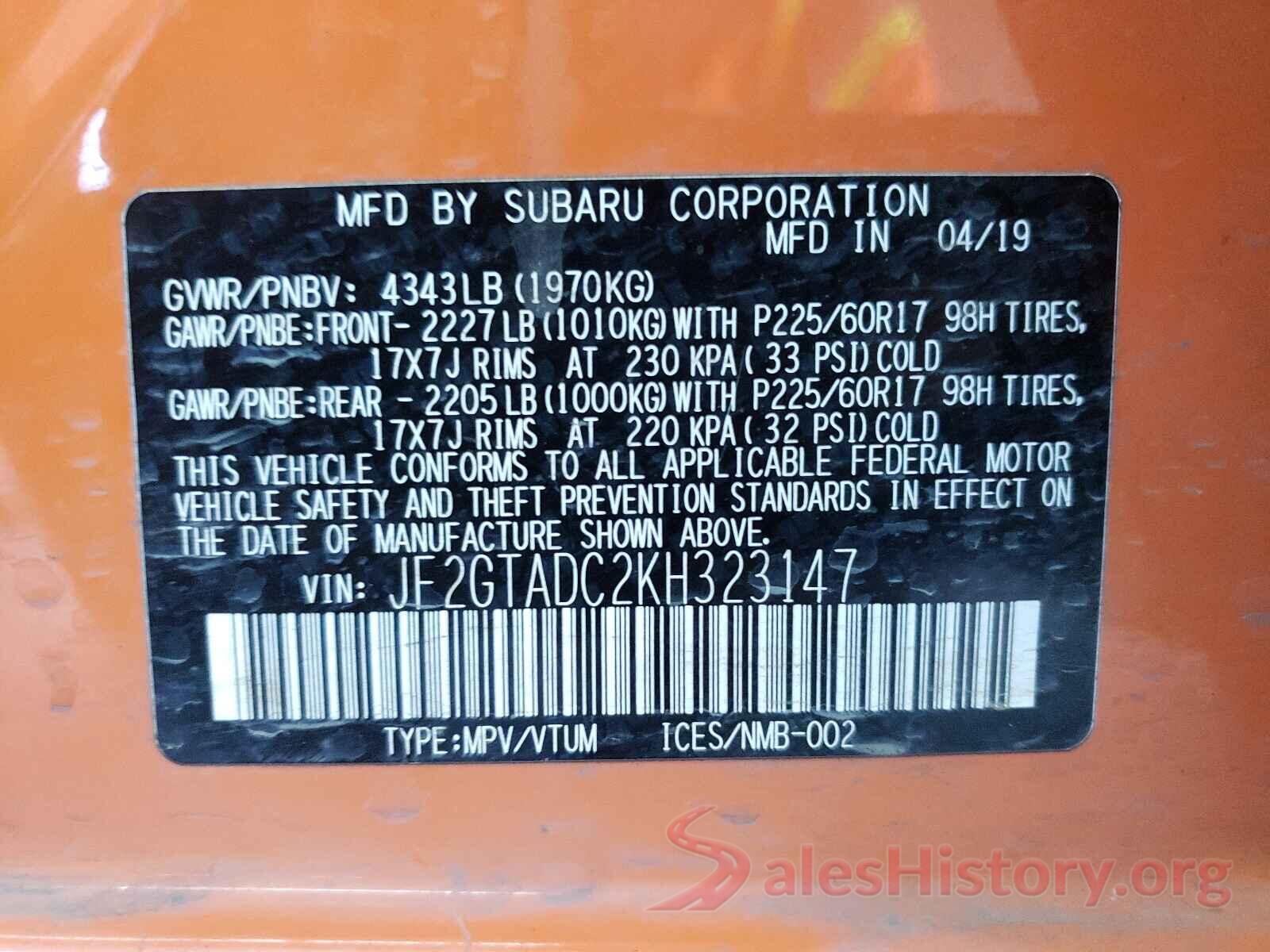 JF2GTADC2KH323147 2019 SUBARU CROSSTREK