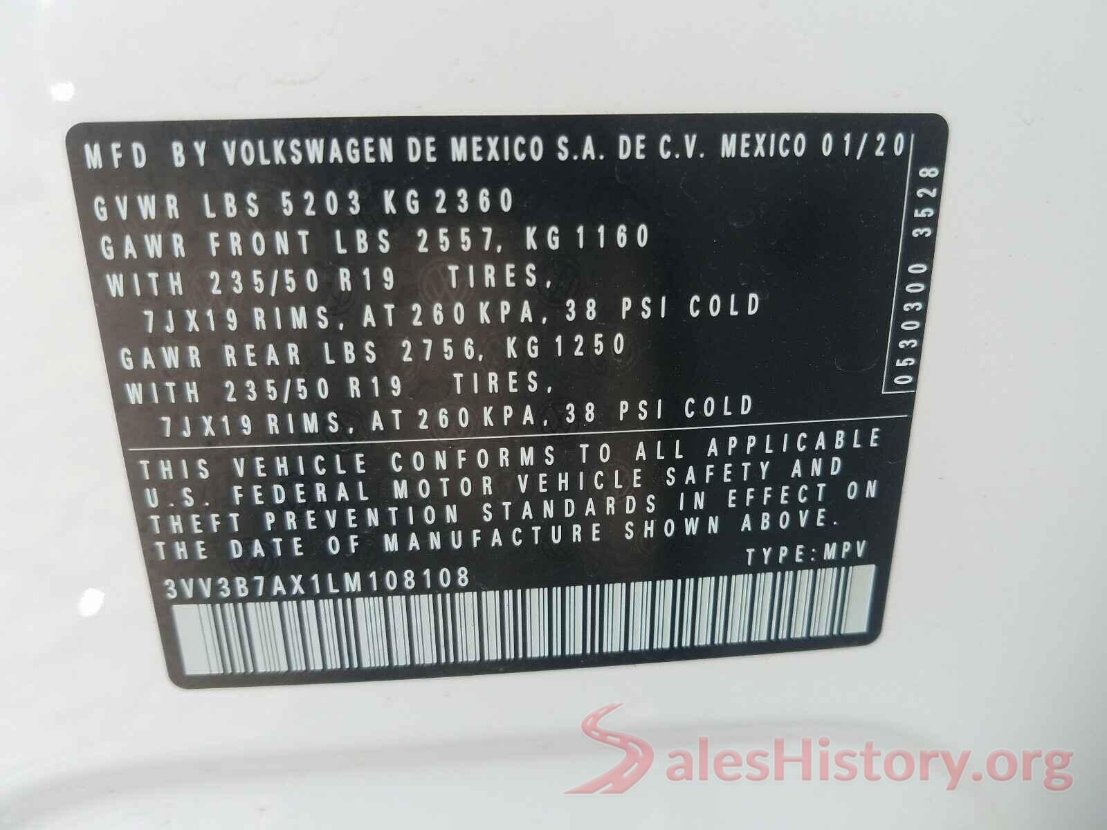 3VV3B7AX1LM108108 2020 VOLKSWAGEN TIGUAN