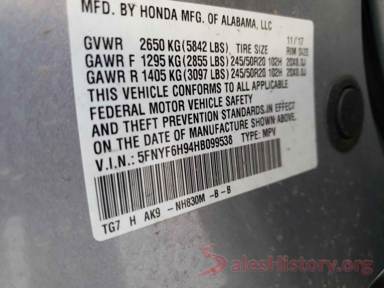 5FNYF6H94HB099538 2017 HONDA PILOT