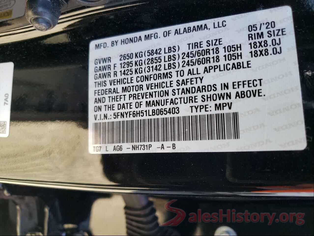 5FNYF6H51LB065403 2020 HONDA PILOT