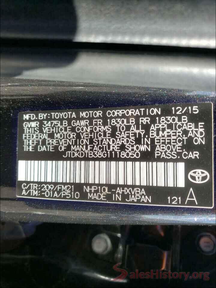 JTDKDTB38G1118050 2016 TOYOTA PRIUS