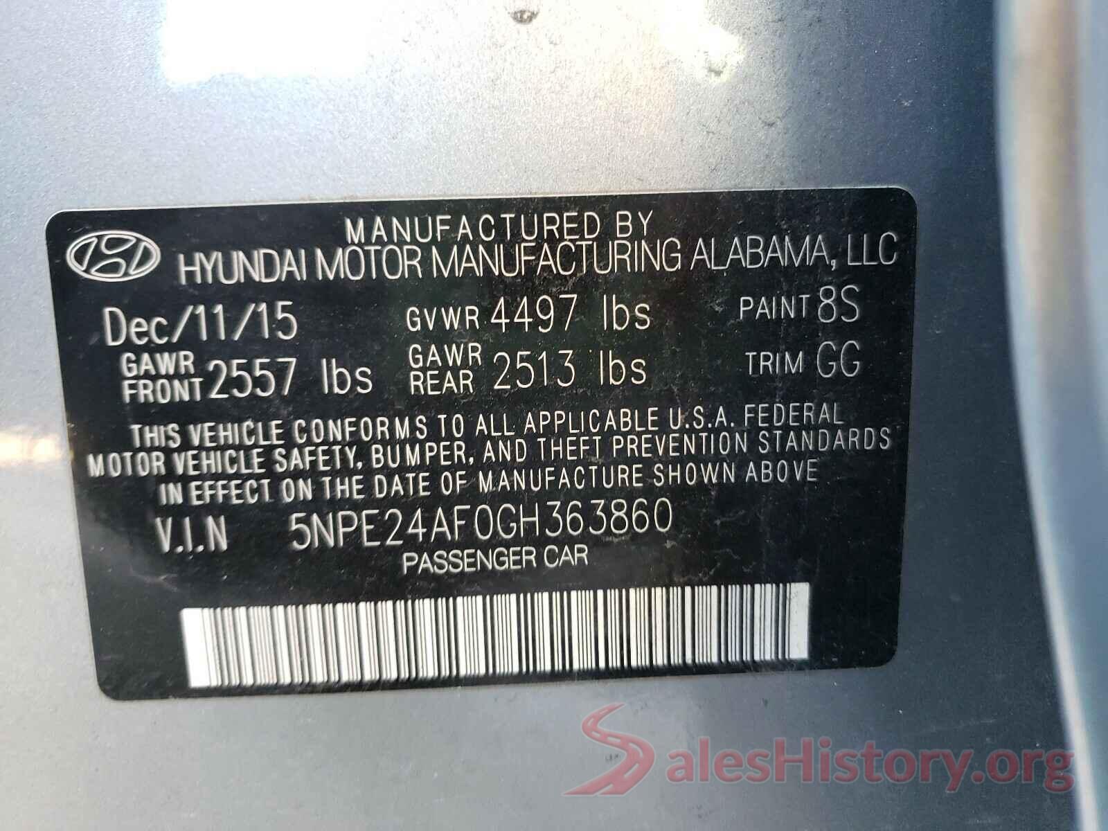 5NPE24AF0GH363860 2016 HYUNDAI SONATA