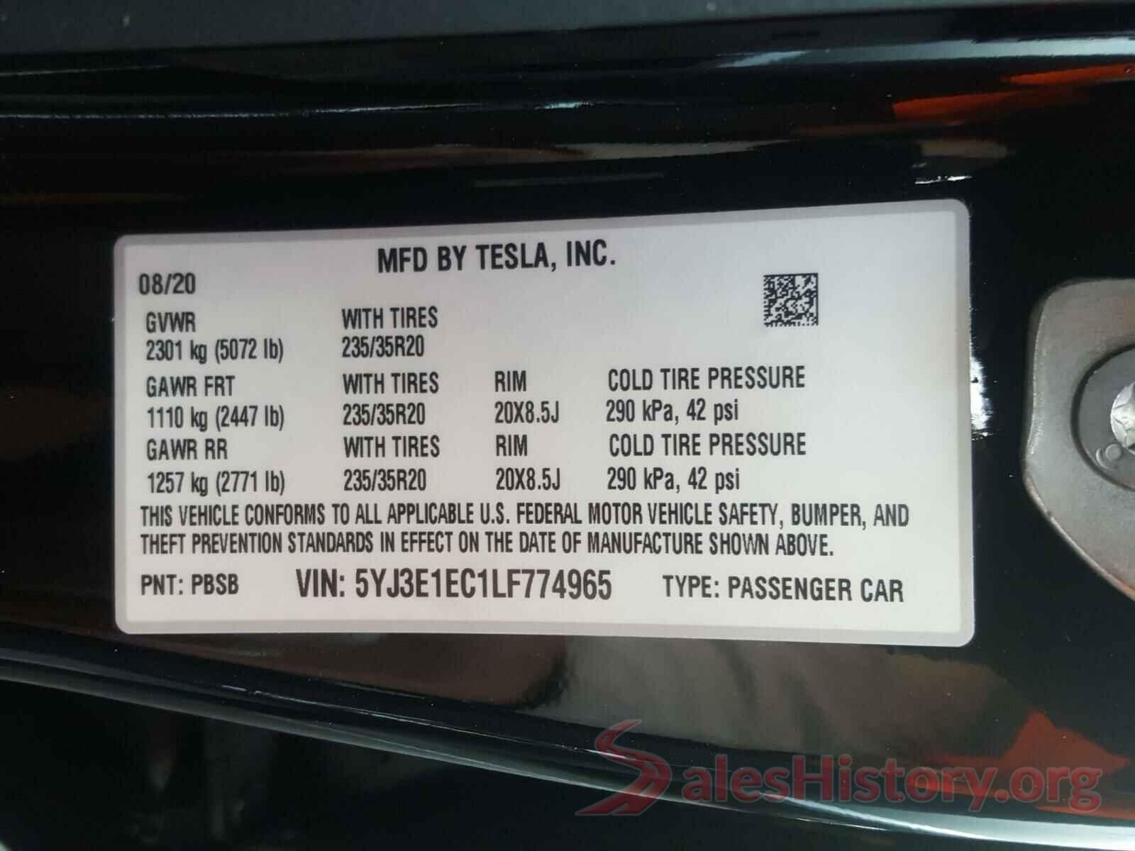 5YJ3E1EC1LF774965 2020 TESLA MODEL 3