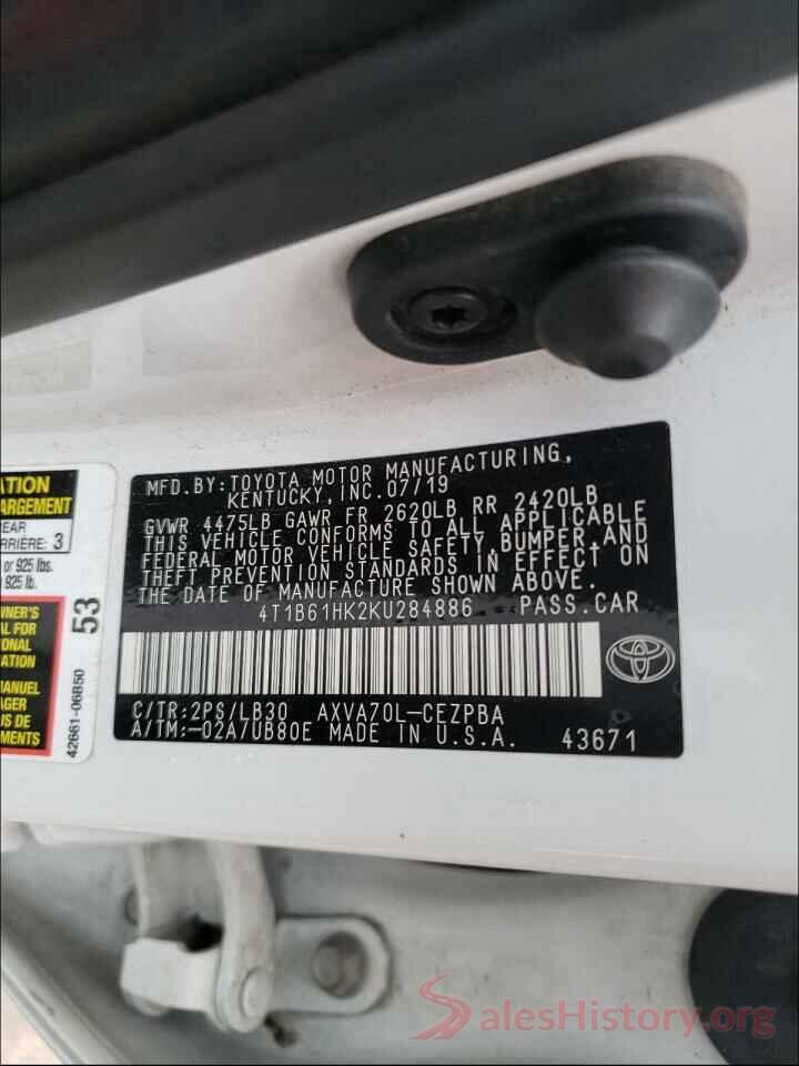 4T1B61HK2KU284886 2019 TOYOTA CAMRY