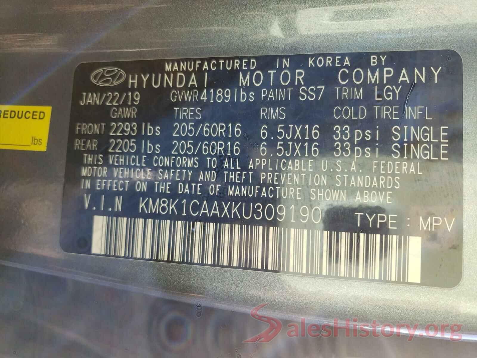 KM8K1CAAXKU309190 2019 HYUNDAI KONA