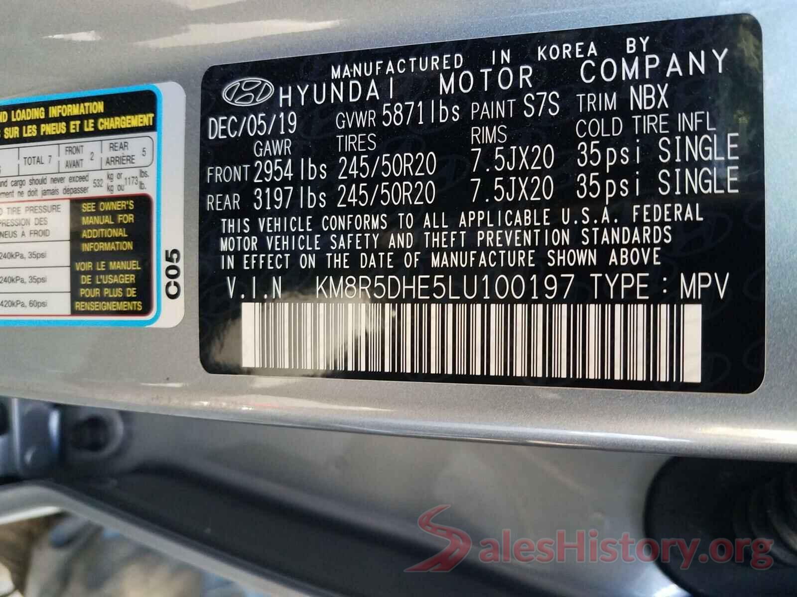 KM8R5DHE5LU100197 2020 HYUNDAI PALISADE