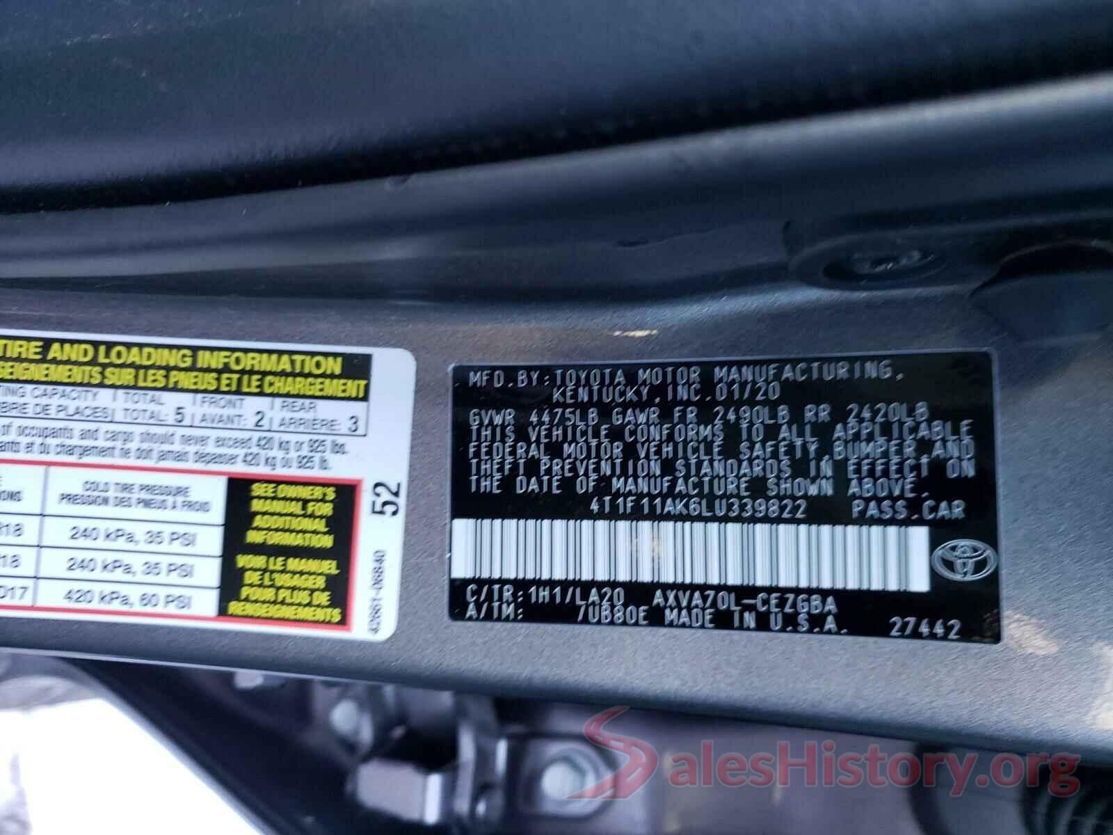 4T1F11AK6LU339822 2020 TOYOTA CAMRY