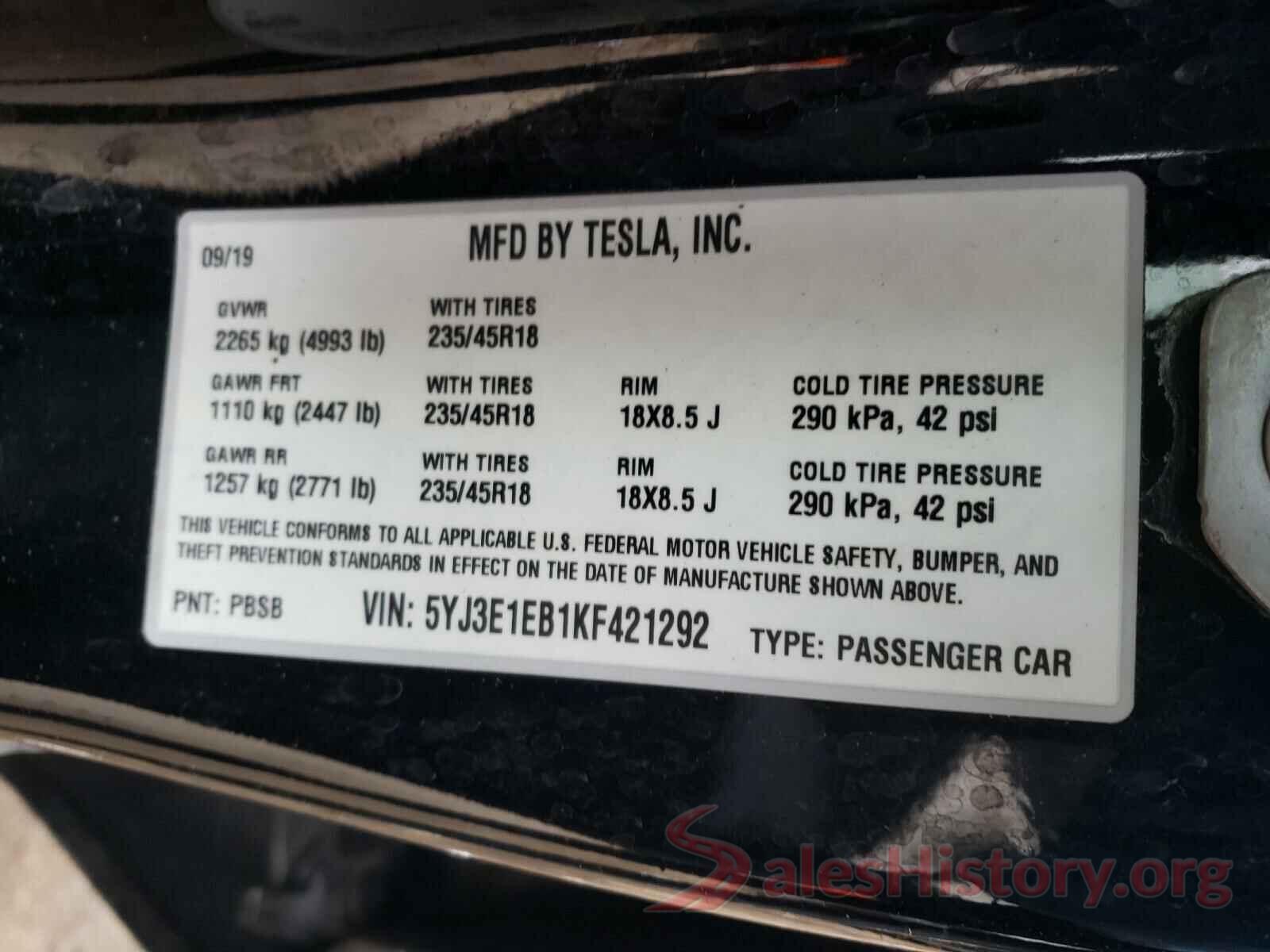 5YJ3E1EB1KF421292 2019 TESLA MODEL 3