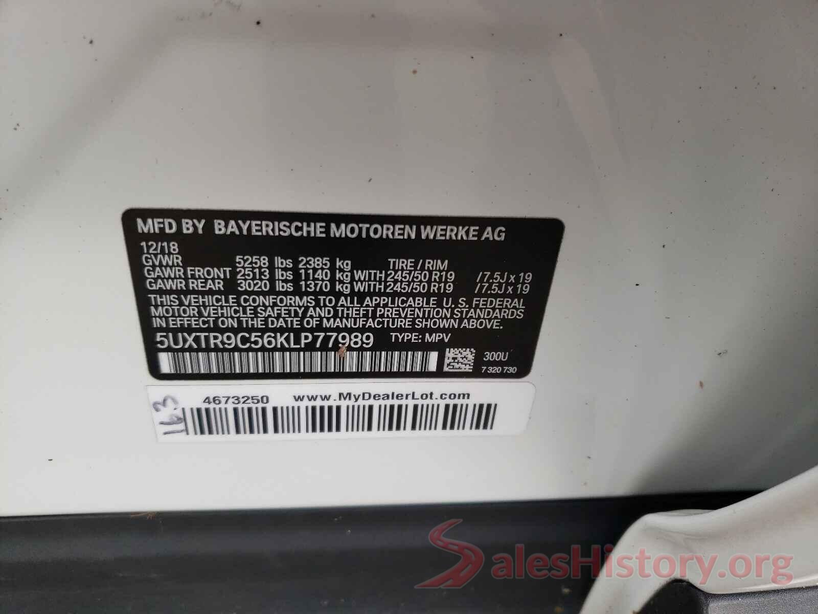 5UXTR9C56KLP77989 2019 BMW X3