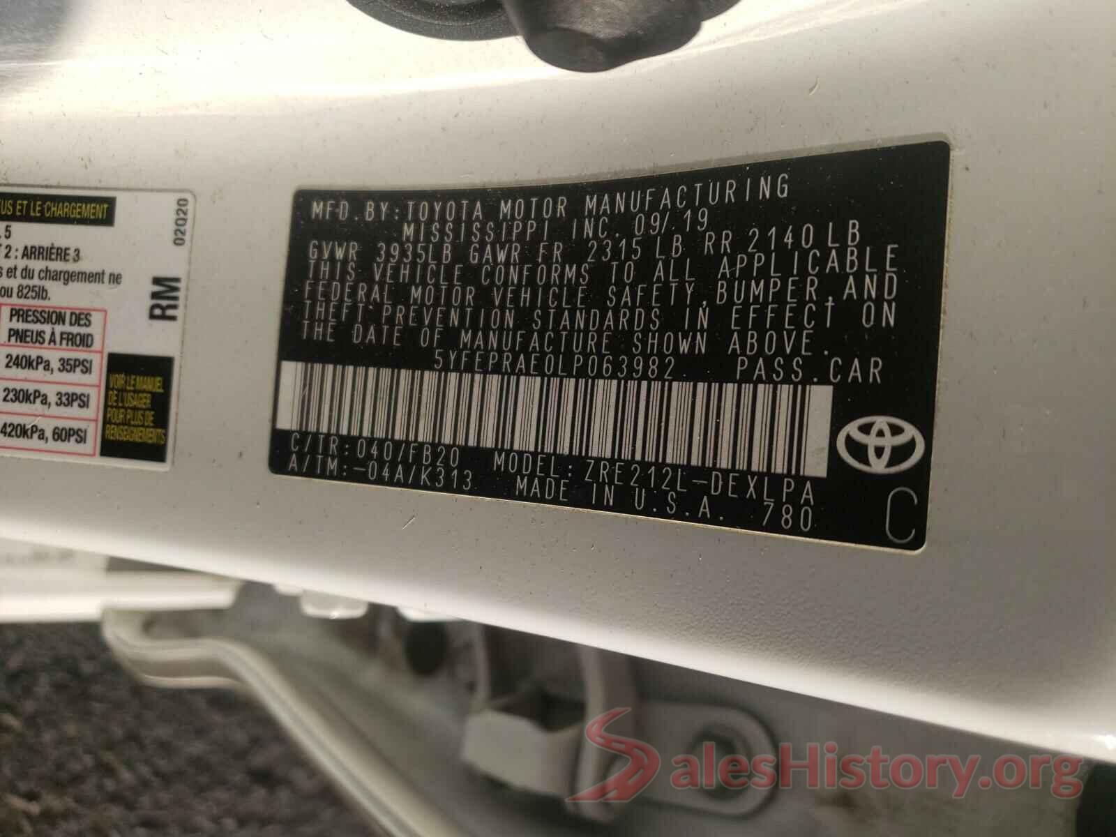 5YFEPRAE0LP063982 2020 TOYOTA COROLLA