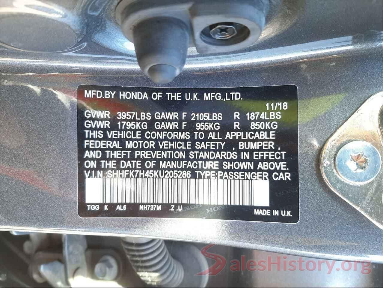 SHHFK7H45KU205286 2019 HONDA CIVIC