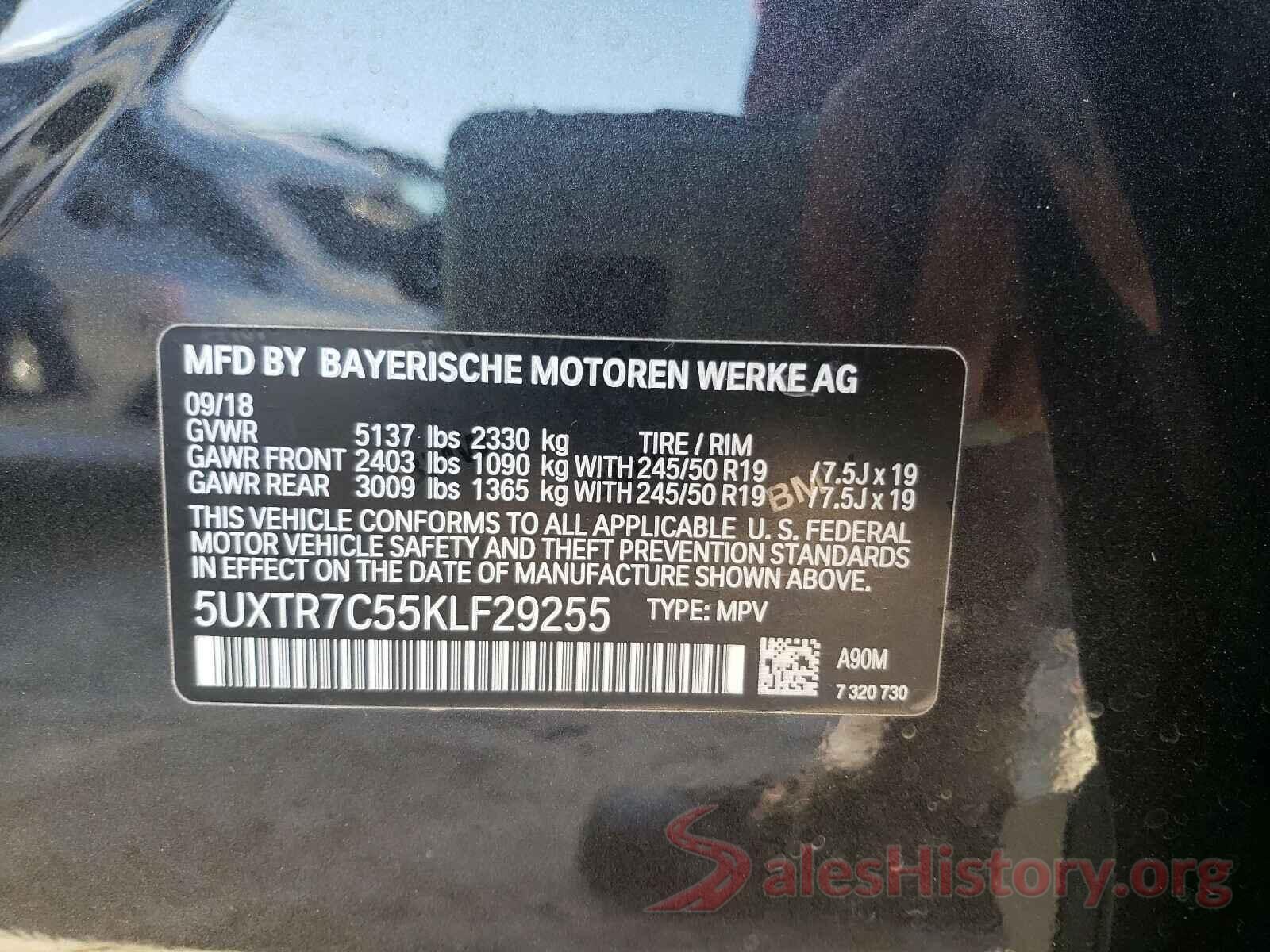 5UXTR7C55KLF29255 2019 BMW X3