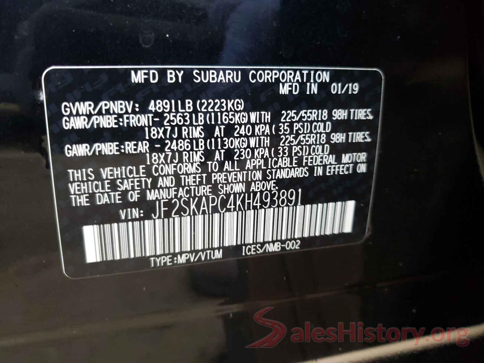 JF2SKAPC4KH493891 2019 SUBARU FORESTER