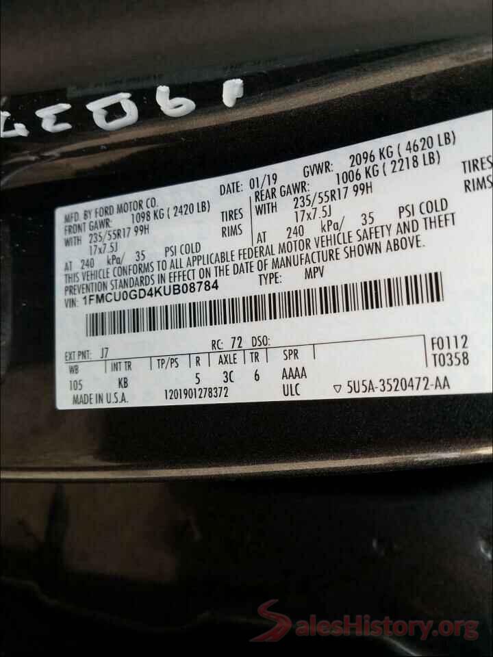 1FMCU0GD4KUB08784 2019 FORD ESCAPE