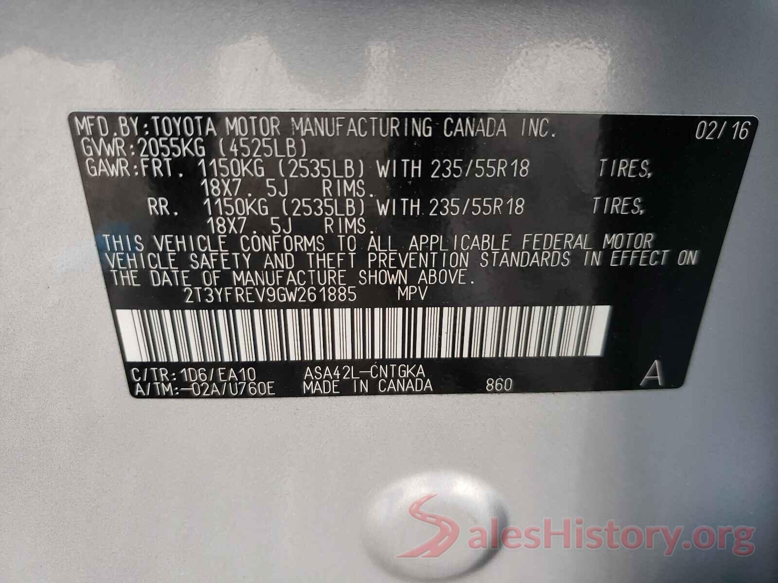 2T3YFREV9GW261885 2016 TOYOTA RAV4