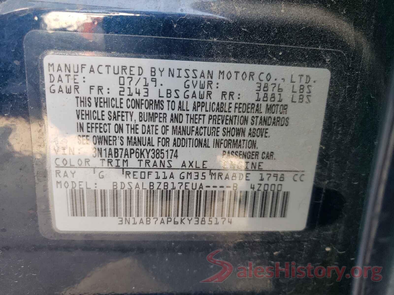 3N1AB7AP6KY385174 2019 NISSAN SENTRA