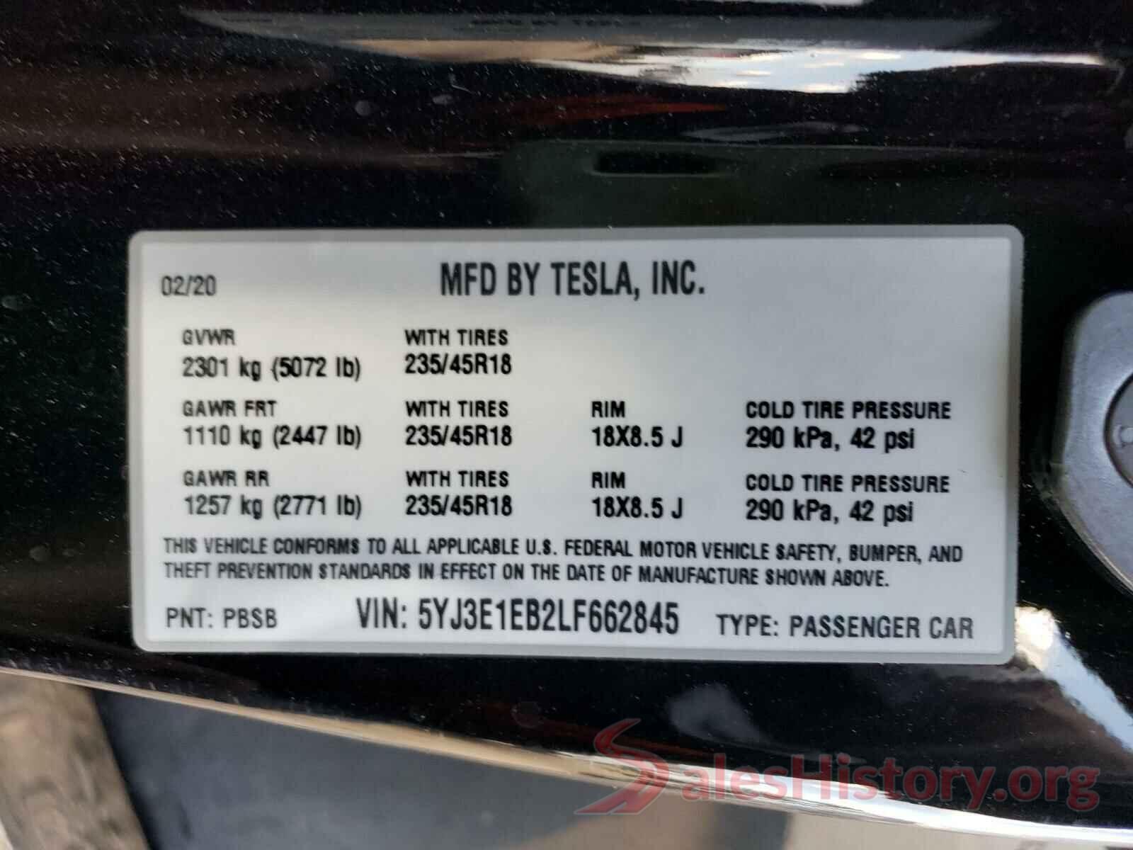 5YJ3E1EB2LF662845 2020 TESLA MODEL 3