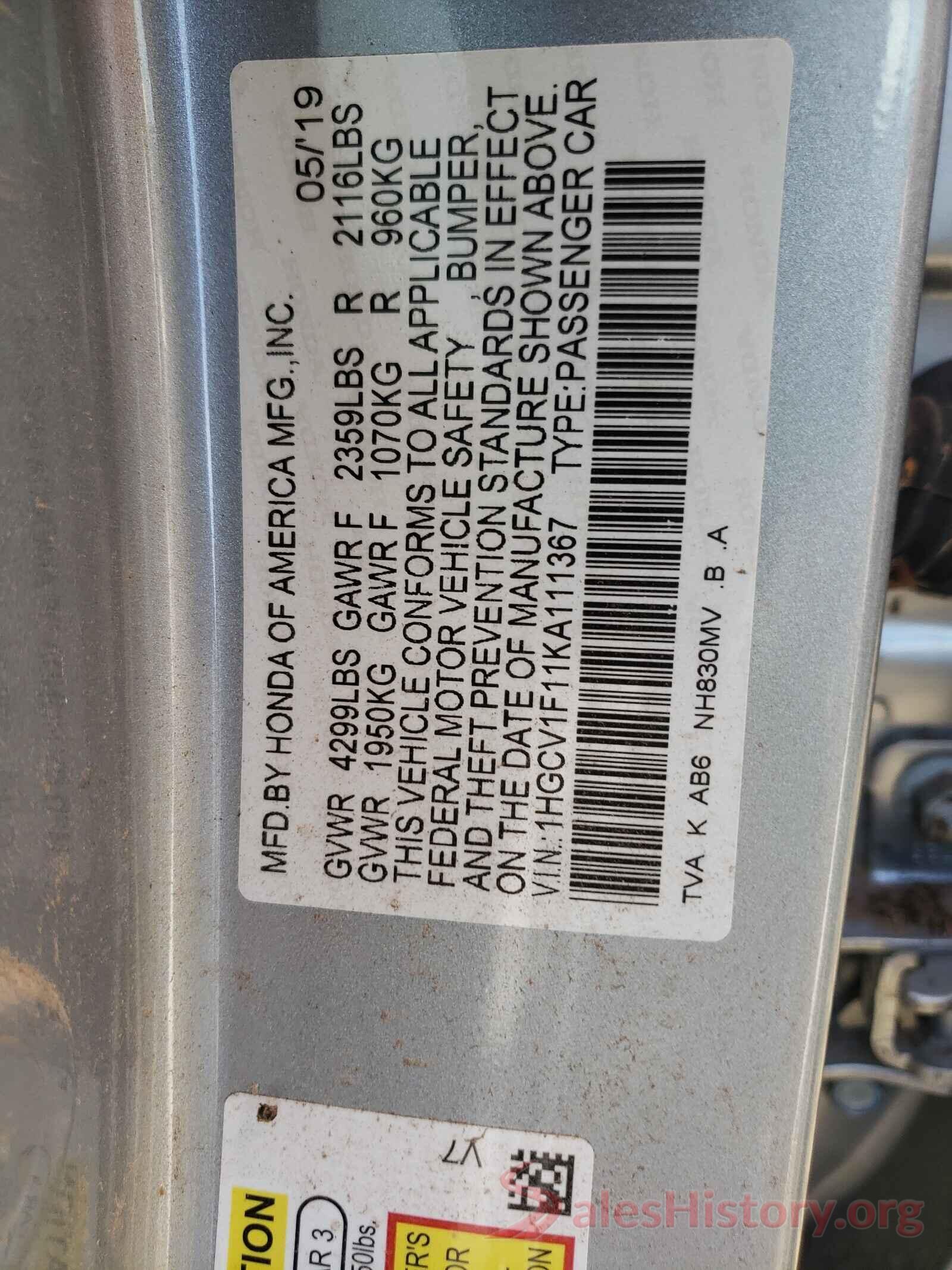 1HGCV1F11KA111367 2019 HONDA ACCORD