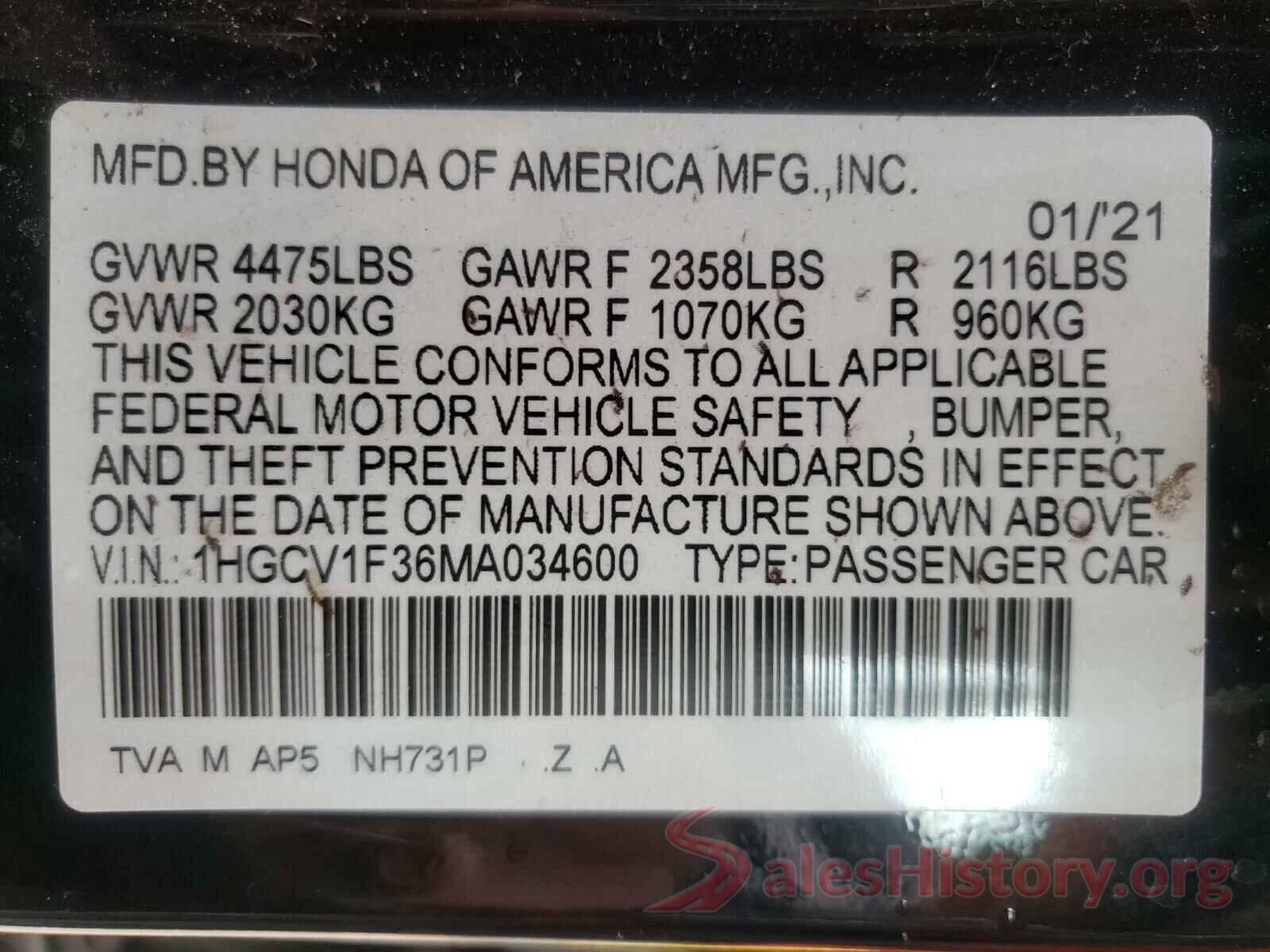 1HGCV1F36MA034600 2021 HONDA ACCORD