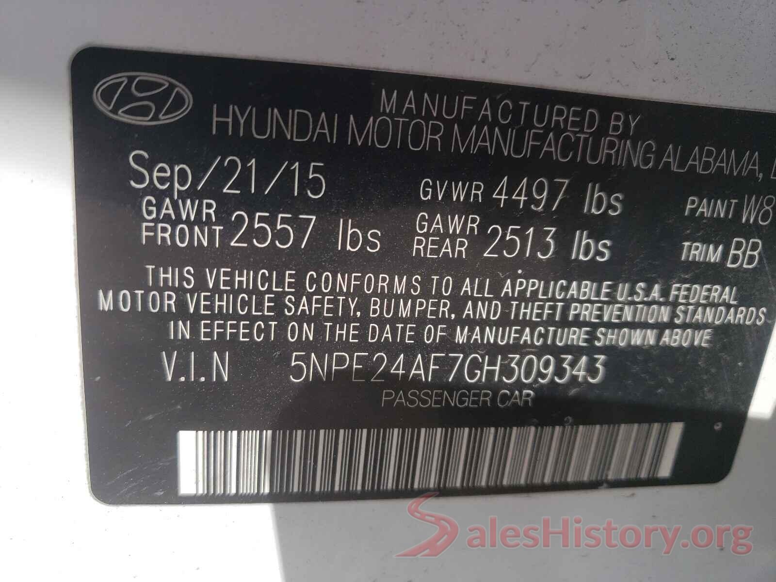 5NPE24AF7GH309343 2016 HYUNDAI SONATA