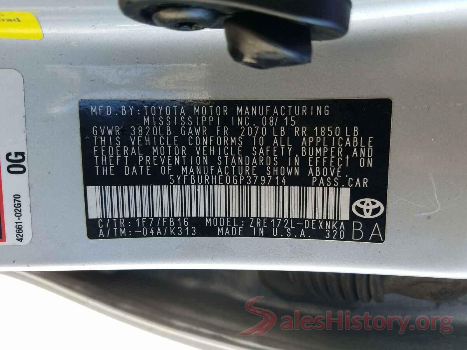 5YFBURHE0GP379714 2016 TOYOTA COROLLA