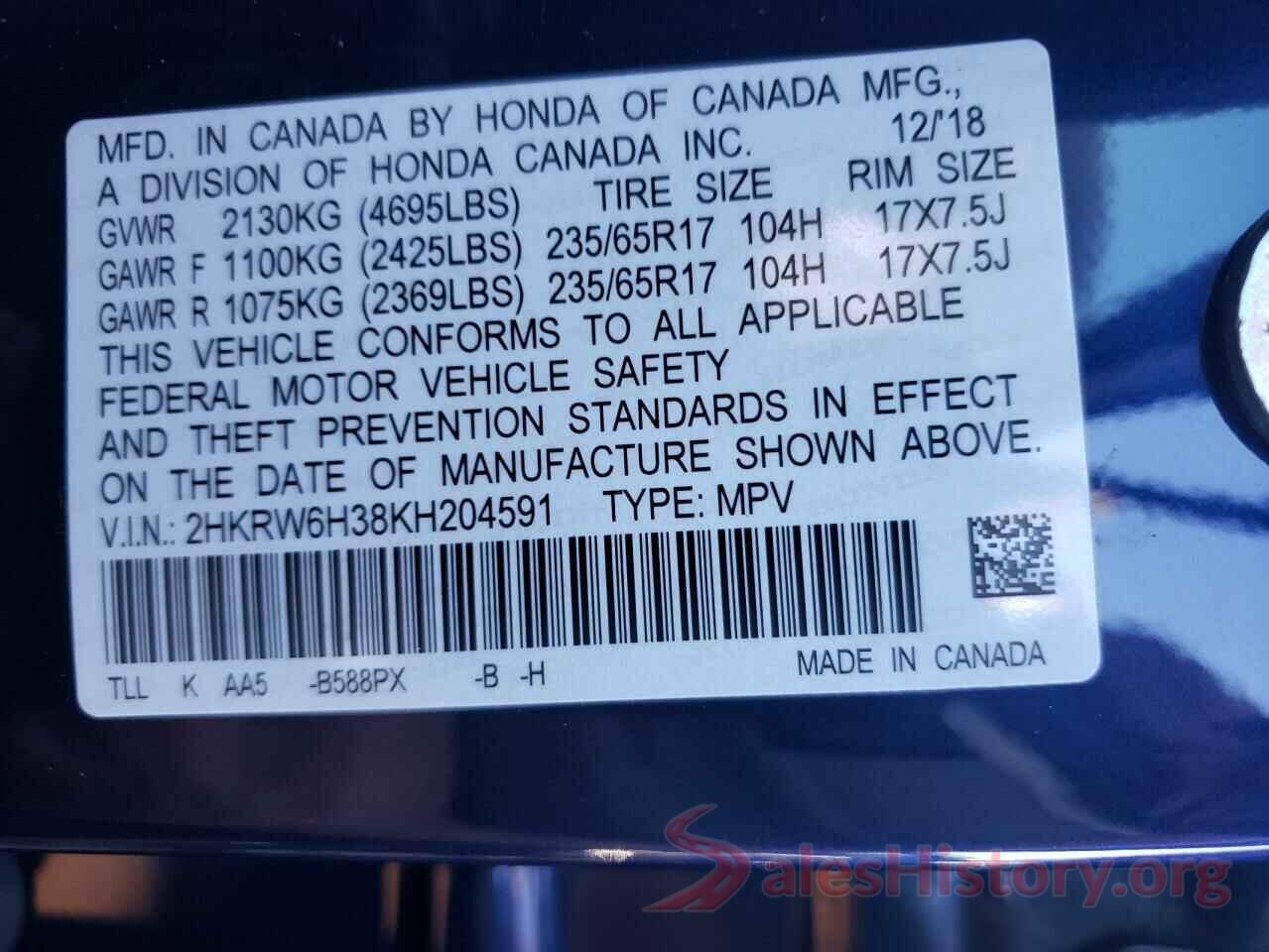 2HKRW6H38KH204591 2019 HONDA CRV