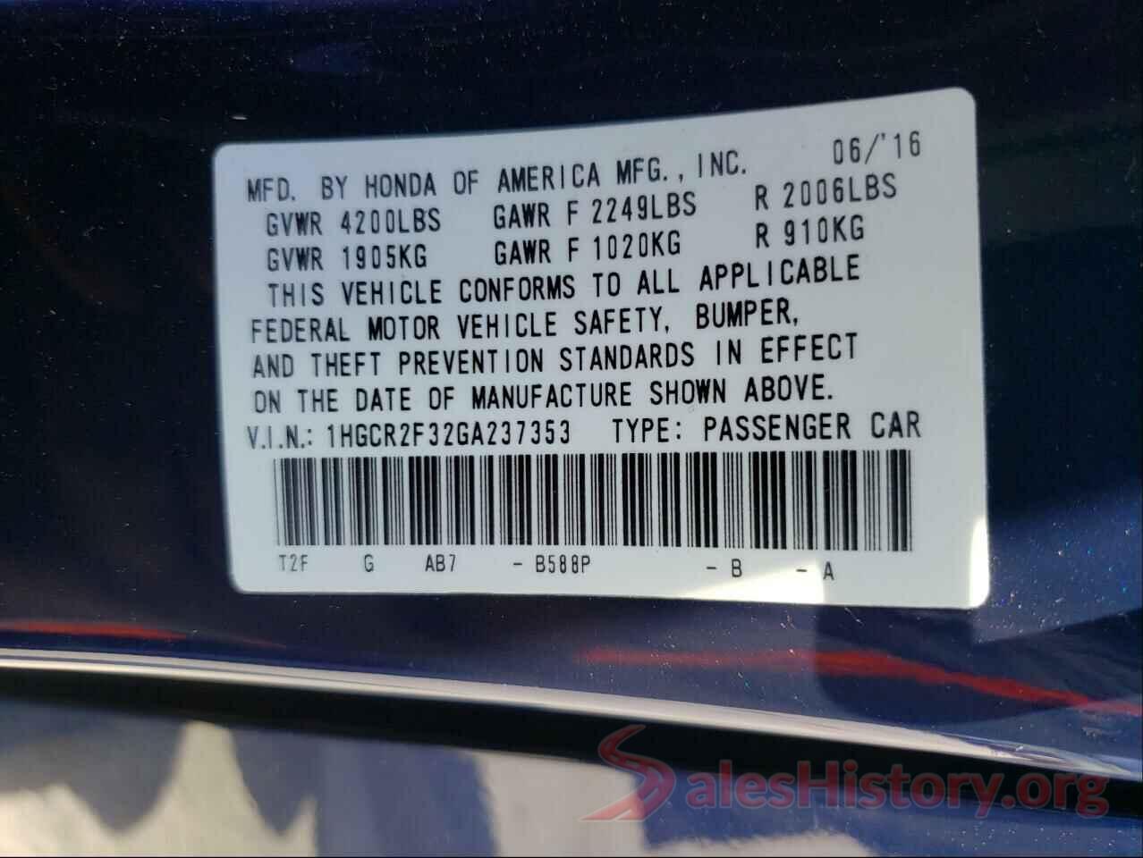 1HGCR2F32GA237353 2016 HONDA ACCORD