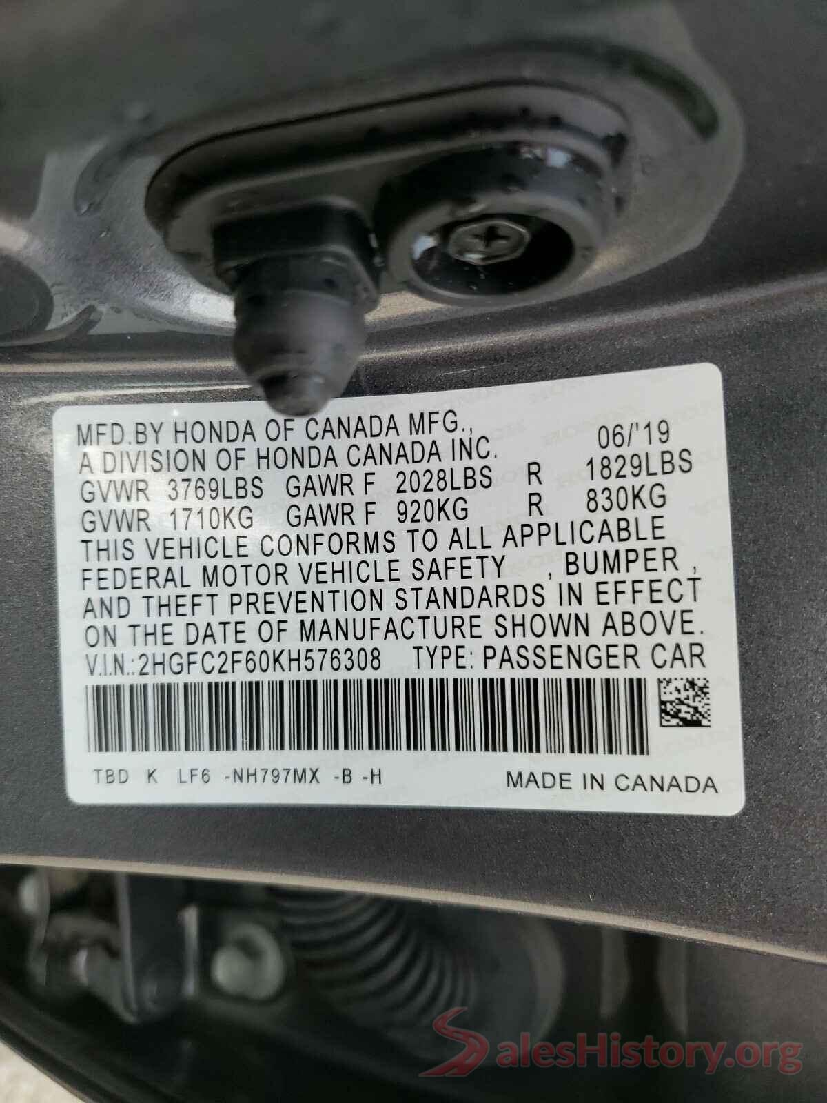 2HGFC2F60KH576308 2019 HONDA CIVIC