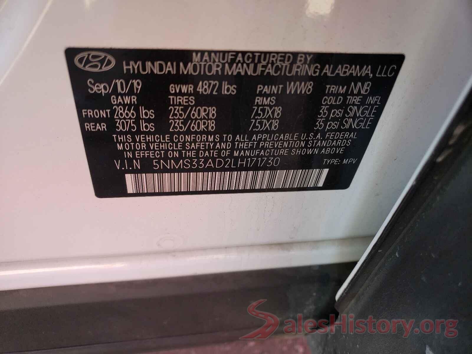 5NMS33AD2LH171730 2020 HYUNDAI SANTA FE