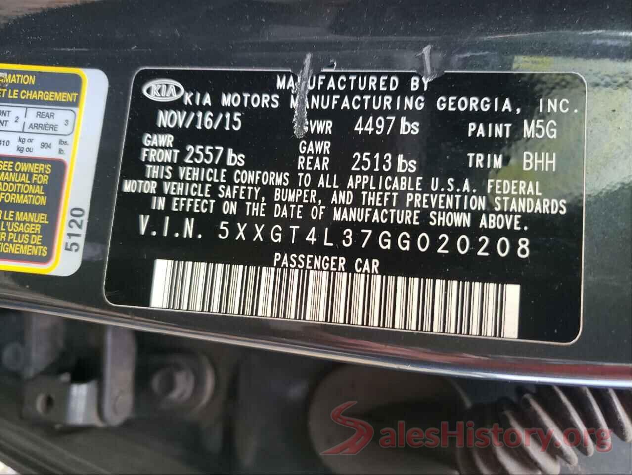 5XXGT4L37GG020208 2016 KIA OPTIMA