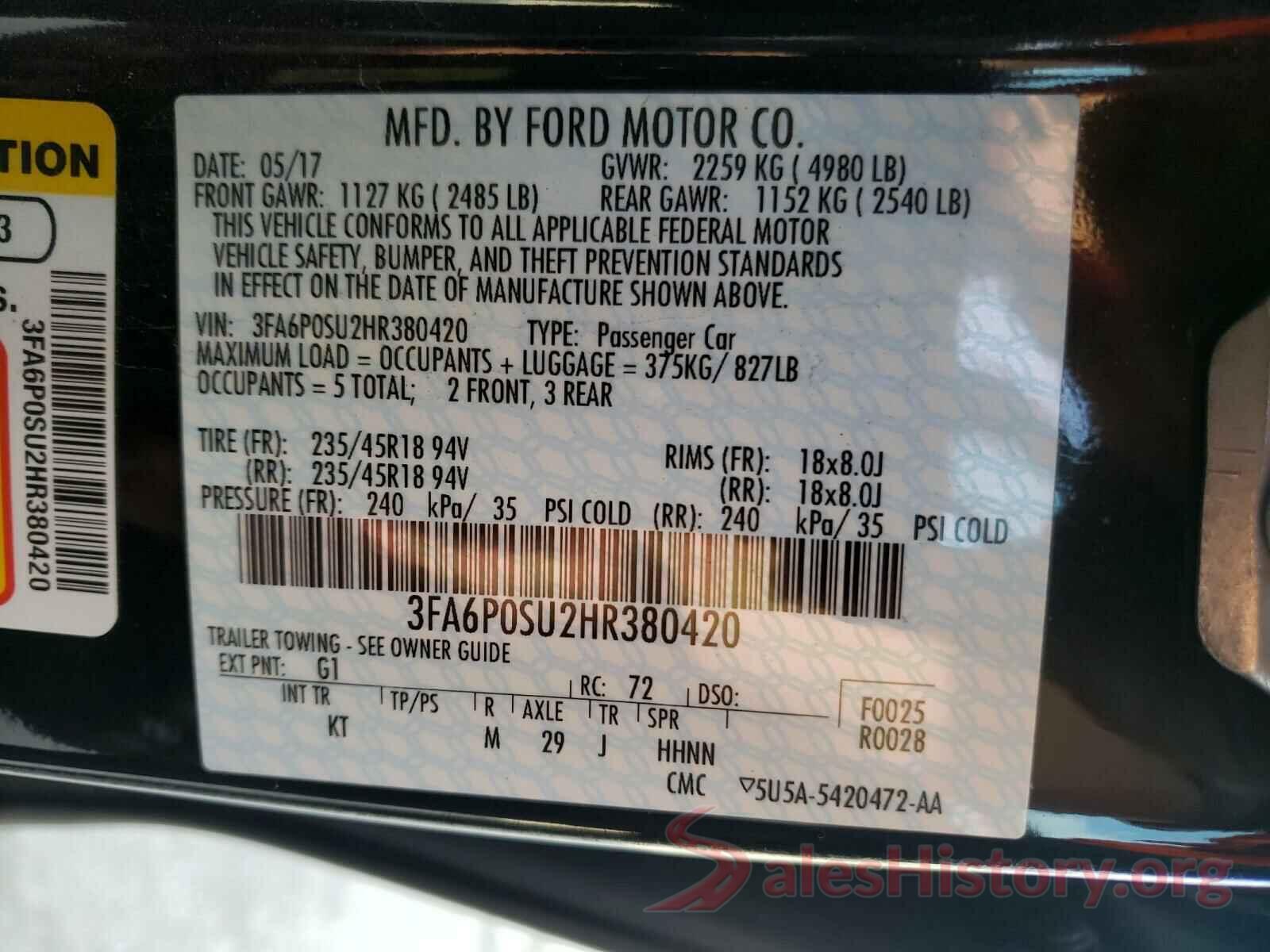 3FA6P0SU2HR380420 2017 FORD FUSION