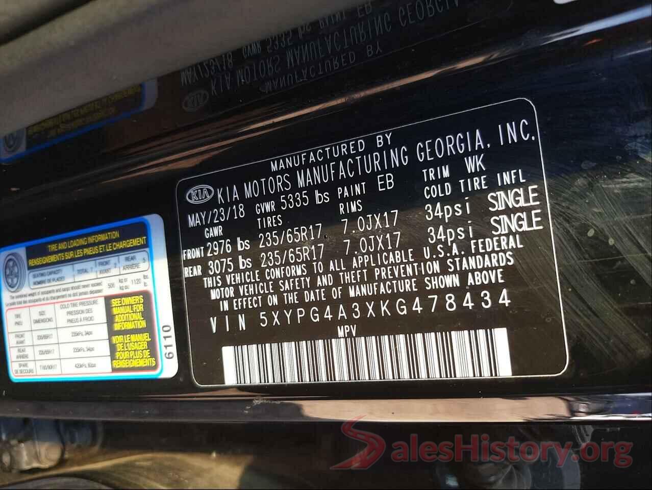 5XYPG4A3XKG478434 2019 KIA SORENTO