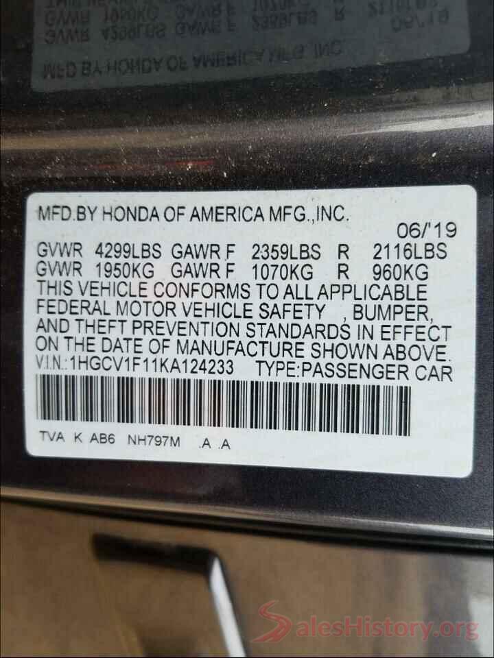 1HGCV1F11KA124233 2019 HONDA ACCORD