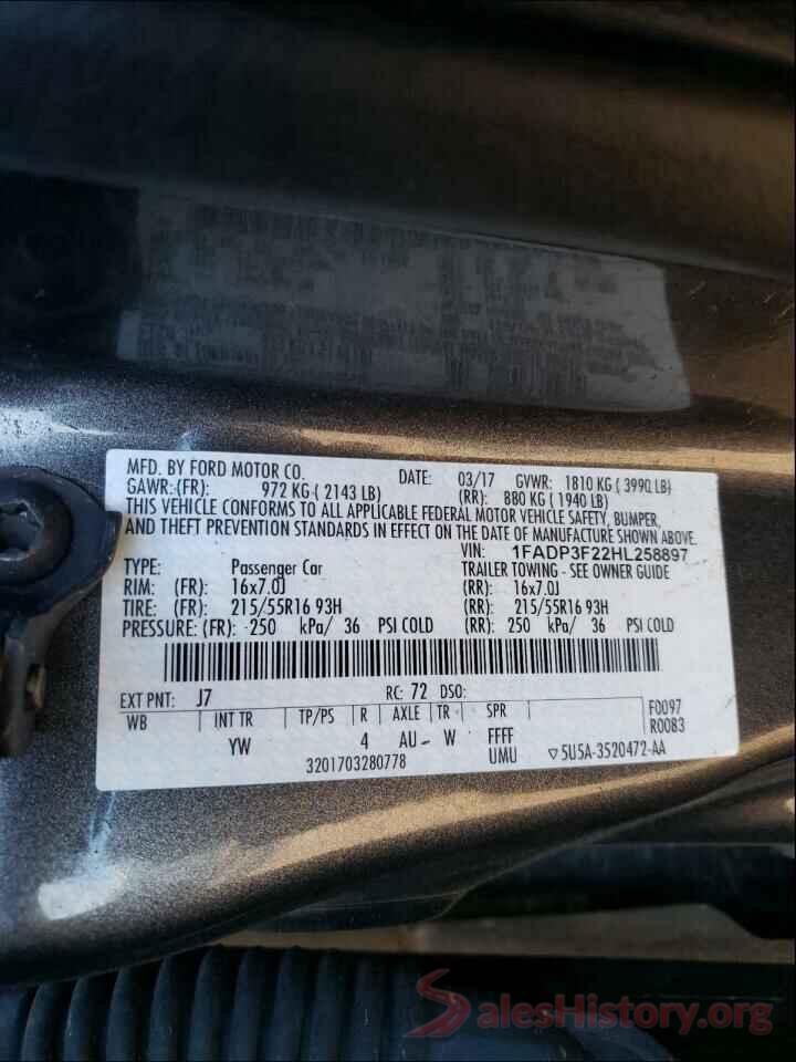 1FADP3F22HL258897 2017 FORD FOCUS