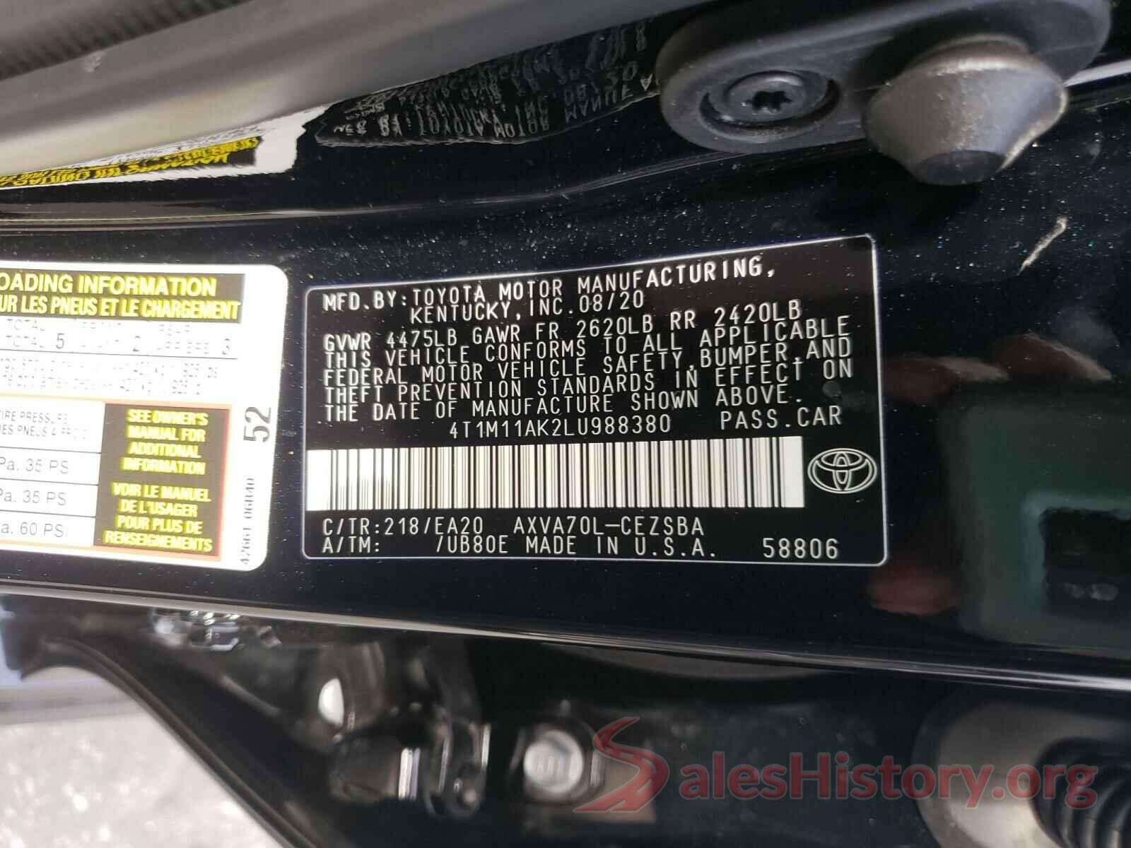 4T1M11AK2LU988380 2020 TOYOTA CAMRY