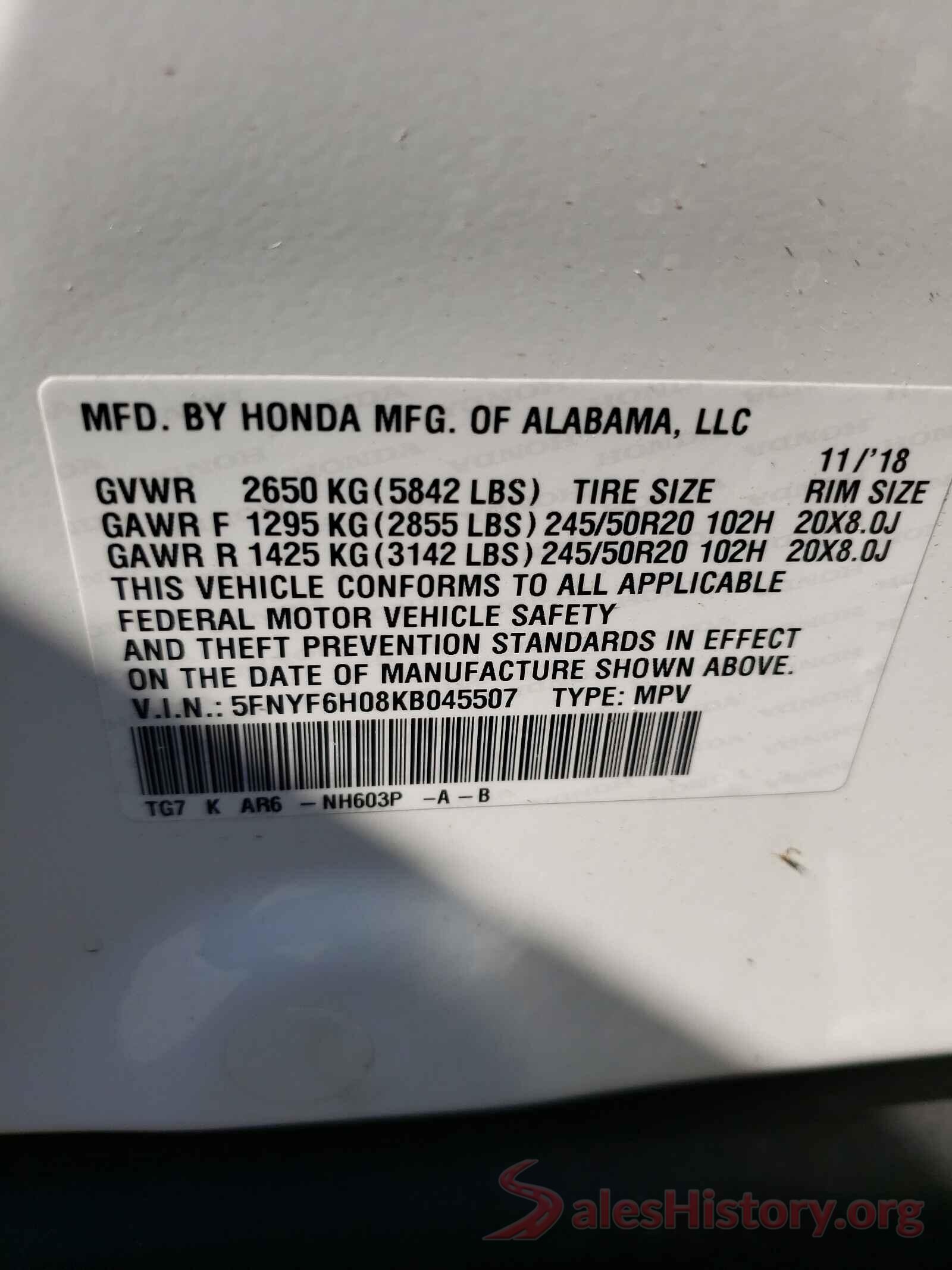 5FNYF6H08KB045507 2019 HONDA PILOT