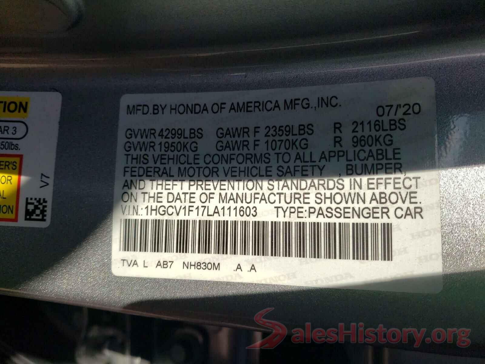 1HGCV1F17LA111603 2020 HONDA ACCORD