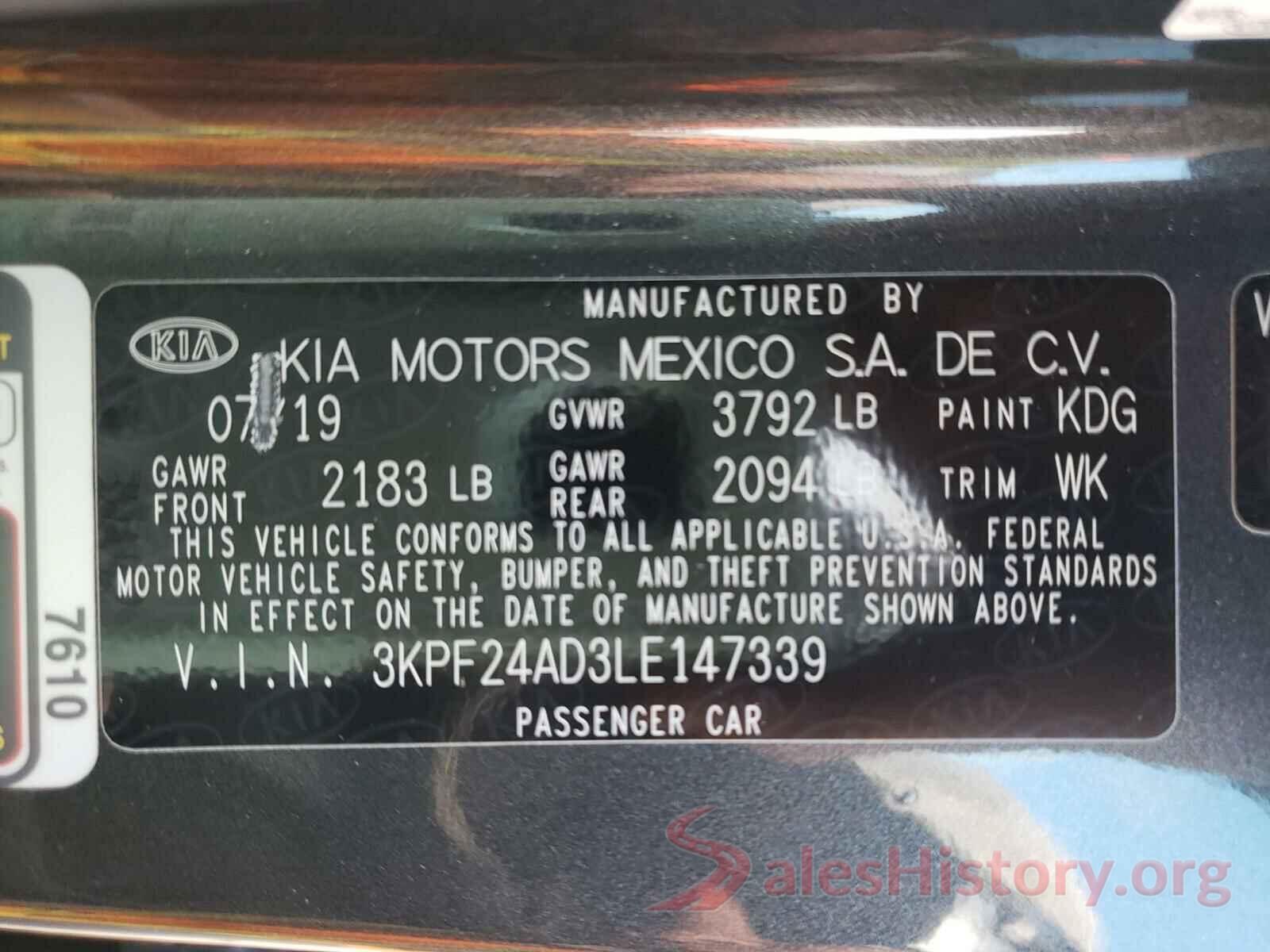 3KPF24AD3LE147339 2020 KIA FORTE