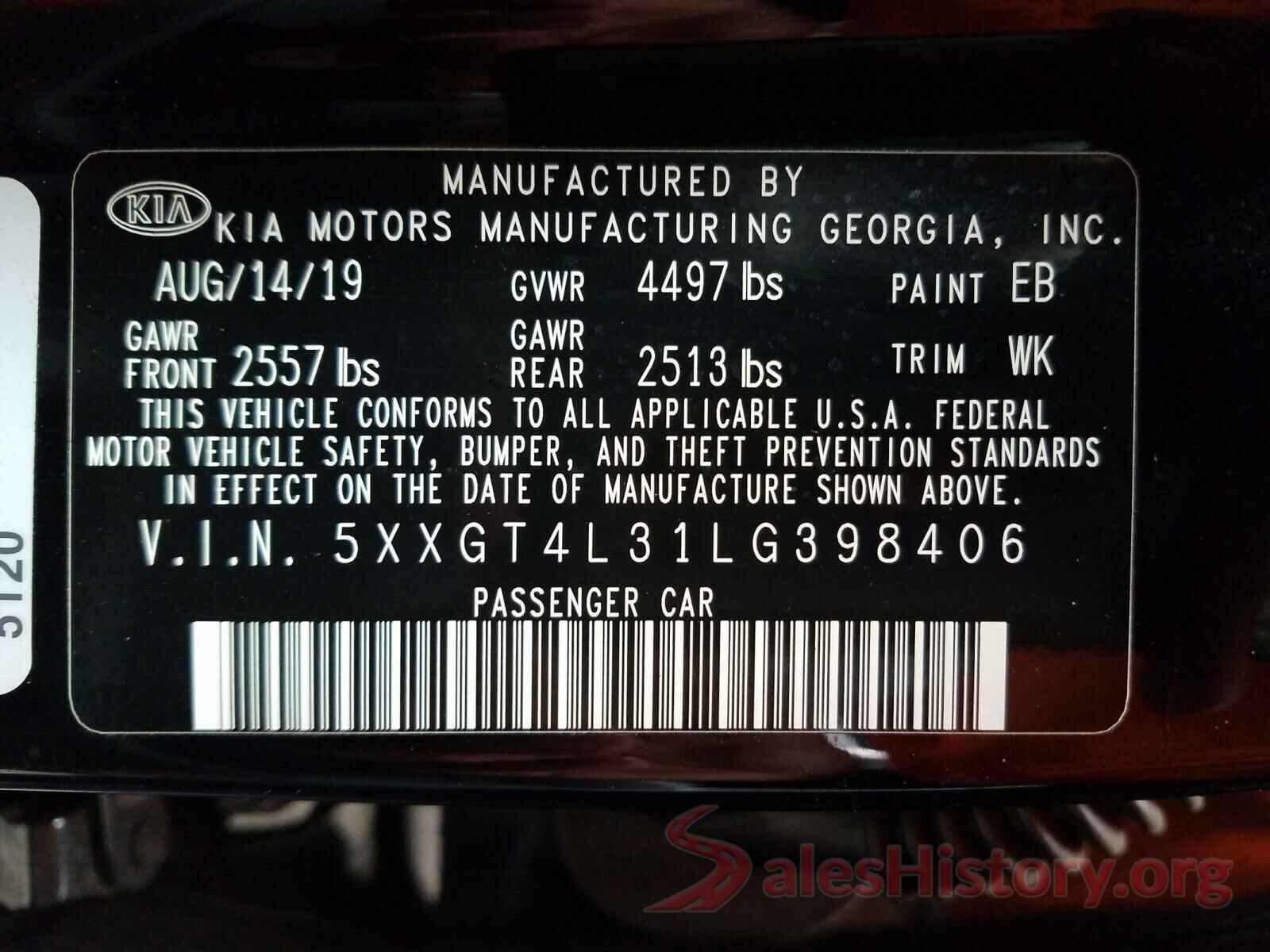 5XXGT4L31LG398406 2020 KIA OPTIMA