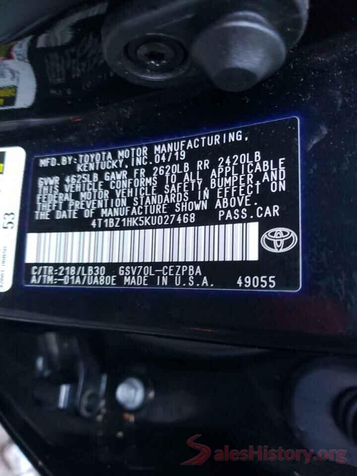 4T1BZ1HK5KU027468 2019 TOYOTA CAMRY