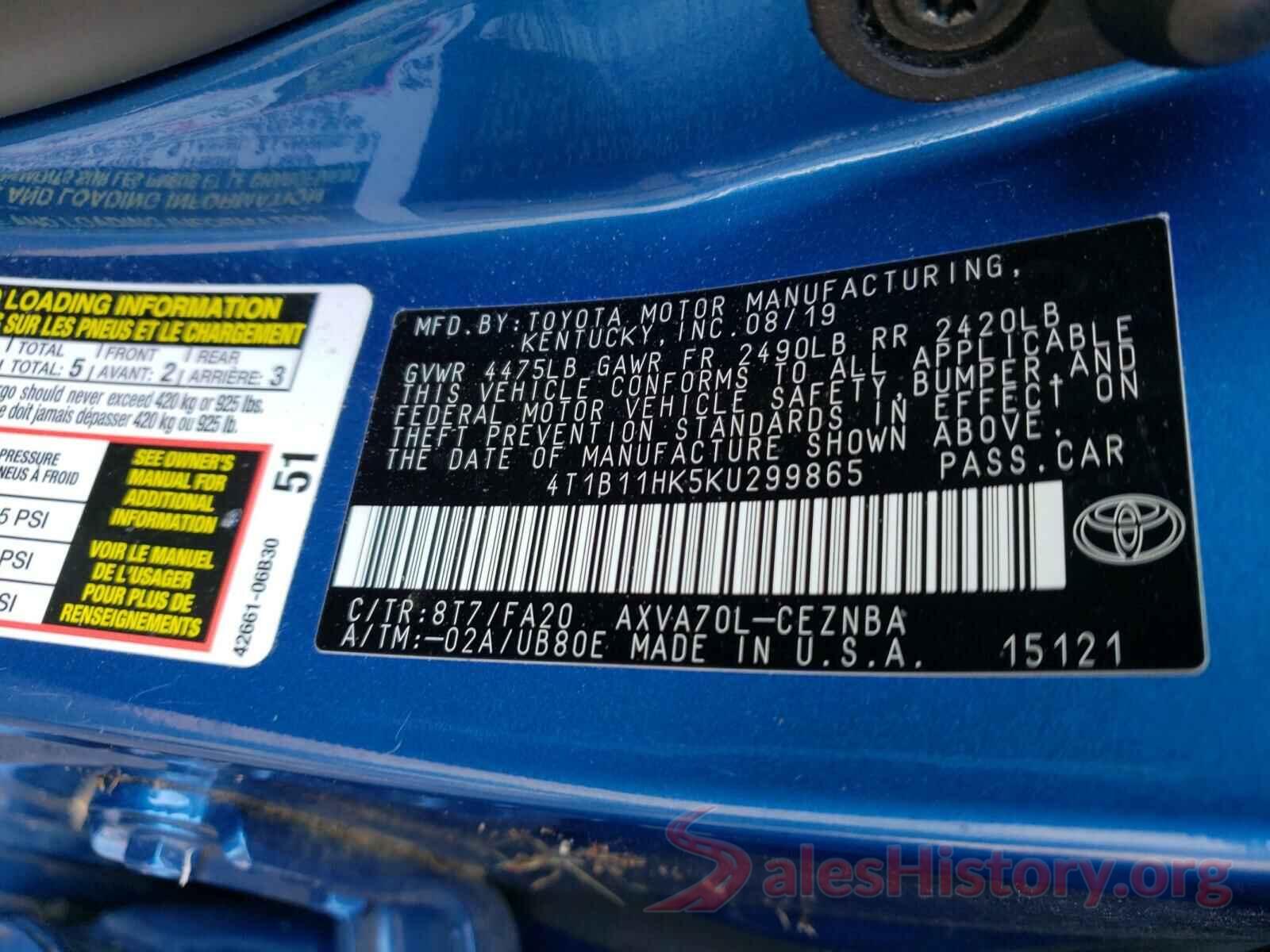 4T1B11HK5KU299865 2019 TOYOTA CAMRY