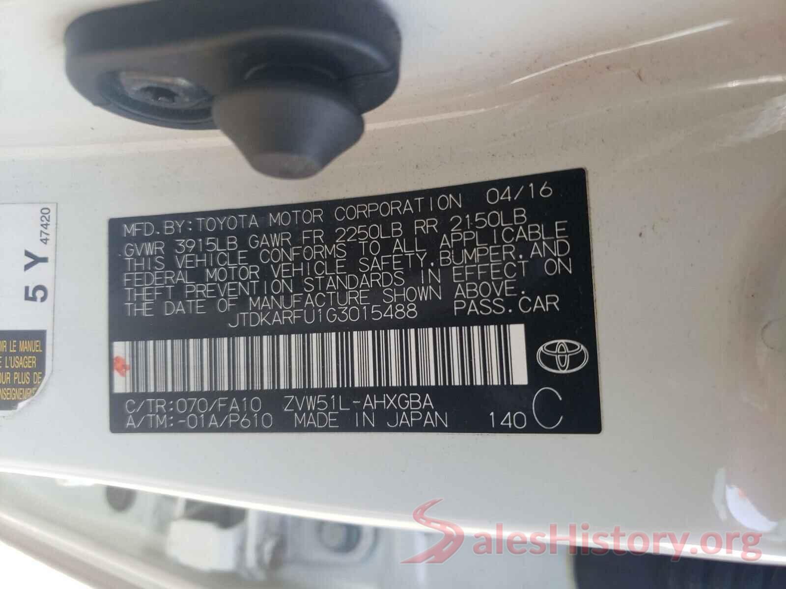 JTDKARFU1G3015488 2016 TOYOTA PRIUS